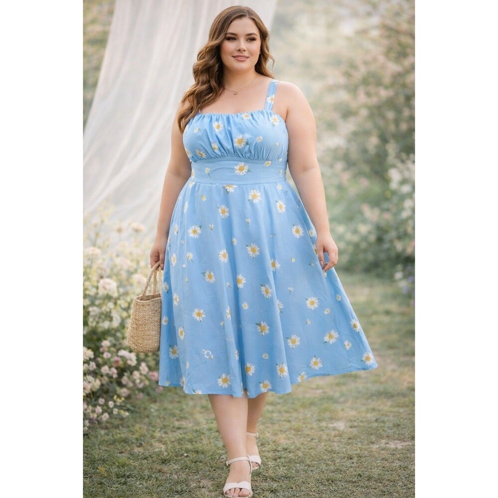NWT Vintage-esq Women’s Sleeveless A-Line Midi Dress Blue Daisy's Flowers XL
